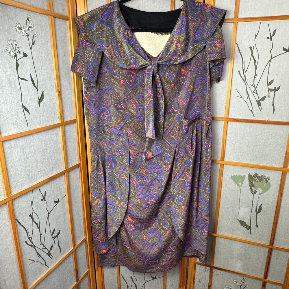 Handmade Vintage Paisley Sailor Collar Tie Front Shift Dress Purple Blue Multi